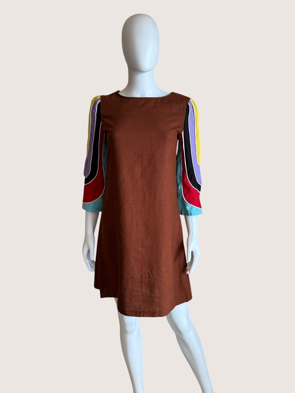 Vintage Brown Mod Shift Dress Colorblock Sleeves